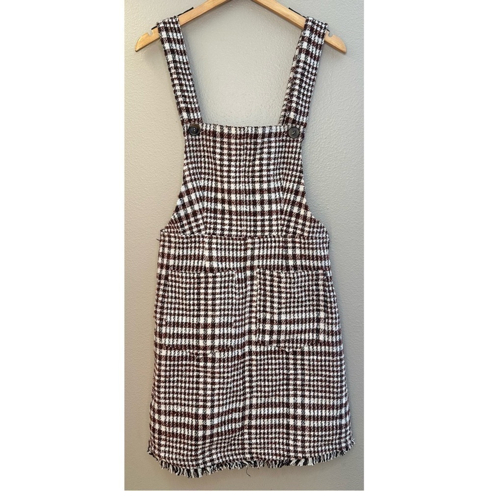 NWT Tea N Rose Brown and White Overall Houndstooth Pinafore Dress Raw Hem - Picture 3 of 12